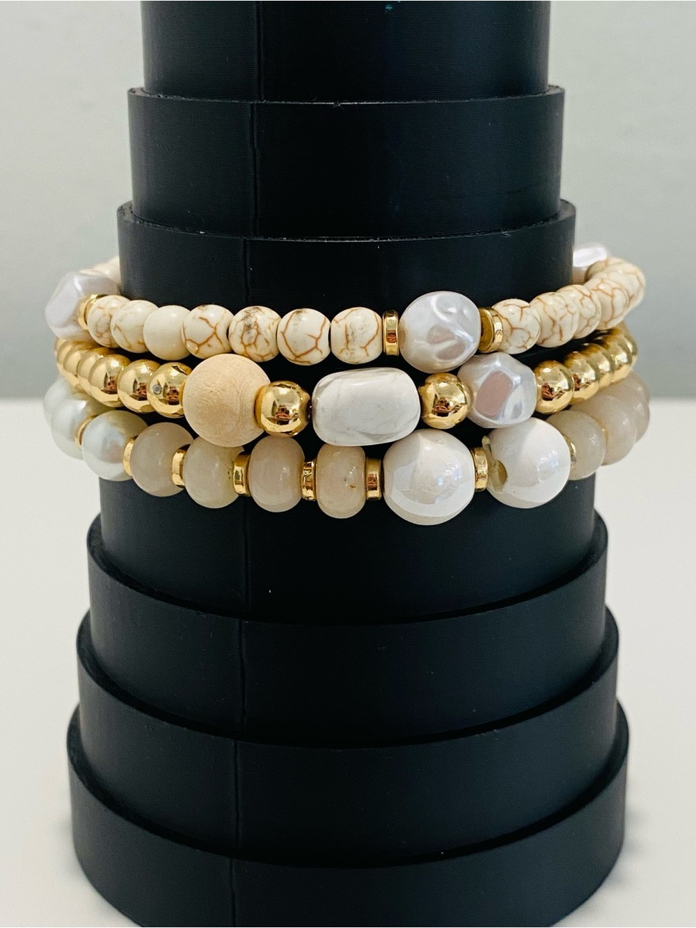 Boho Mermaid Glass Moonstone Beaded Bracelets 3 Stack Wood Natural Stone Chunky